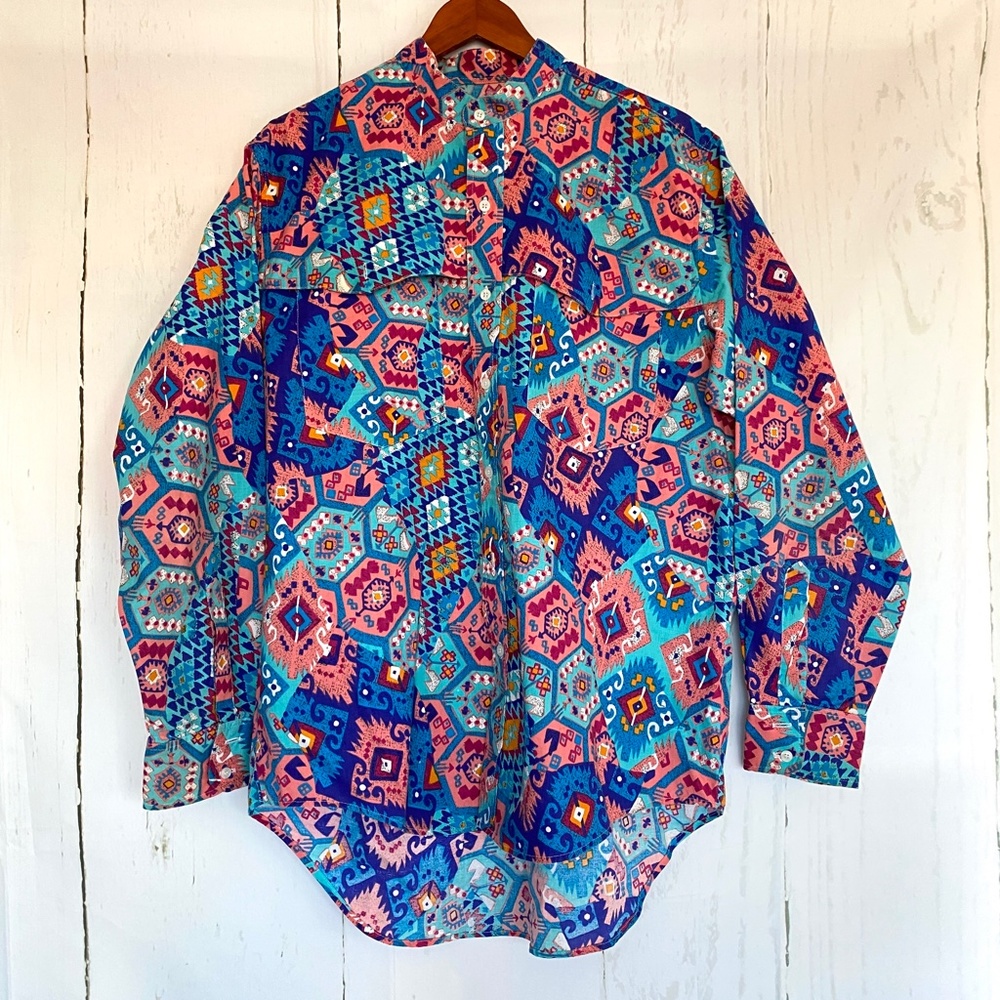 FRONTIER SERIES Vintage Western Shirt Blue Geometric Aztec Cowgirl L